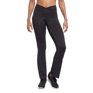 Black workout bootcut pants with a crossed high waistband and a fitted silhouette, tapering at the knees and flaring slightly at the bottom, paired with black sneakers. Suitable for fitness or casual wear.
