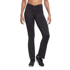 Black workout bootcut pants with a crossed high waistband and a fitted silhouette, tapering at the knees and flaring slightly at the bottom, paired with black sneakers. Suitable for fitness or casual wear.