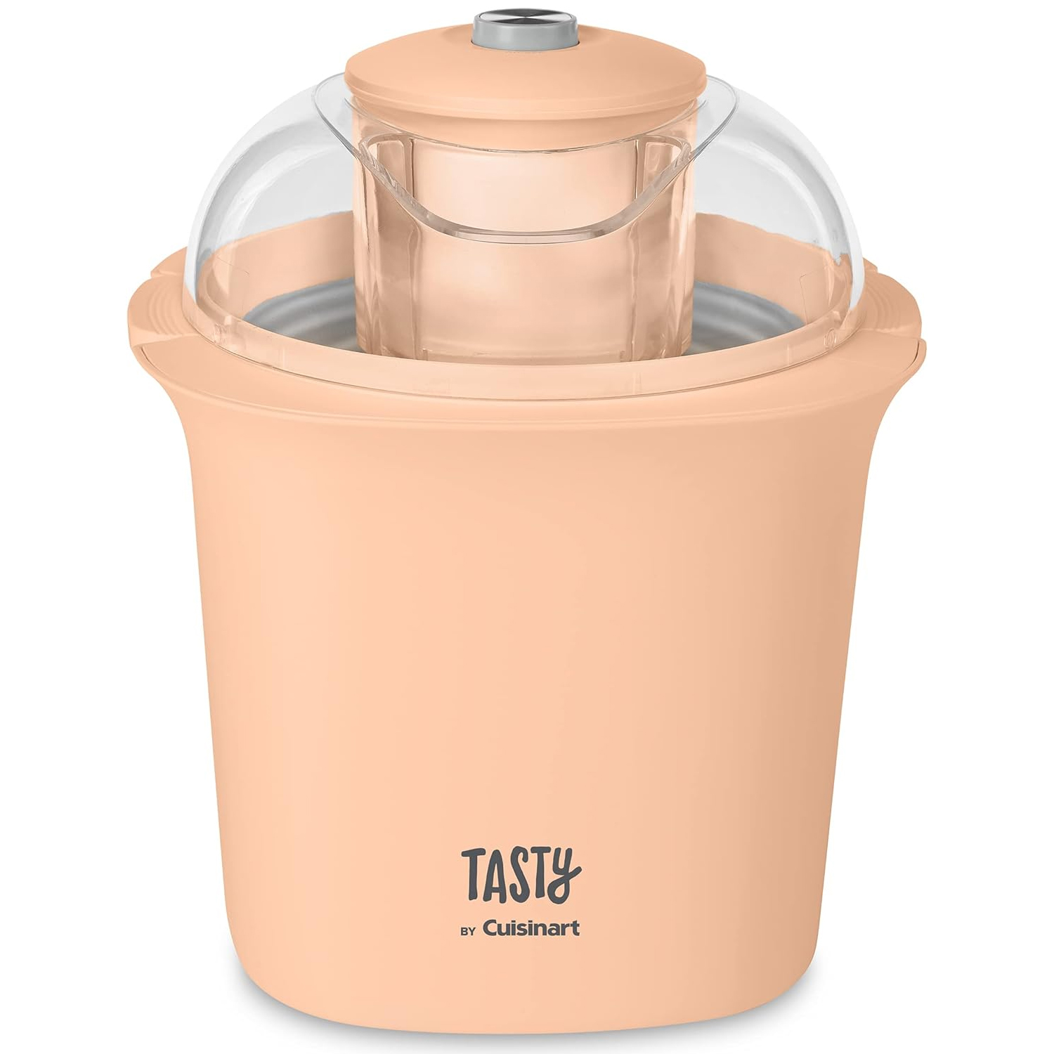 Peach-colored Tasty by Cuisinart 1.5qt ice cream maker with a transparent lid and a central mixing paddle.