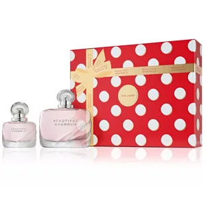 Estee Lauder Beautiful Magnolia fragrance set includes two bottles, one larger and one smaller, packaged in a red, polka-dotted gift box with a gold ribbon.