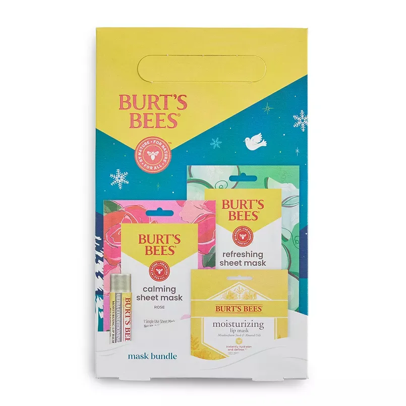 Burt's Bees 4-Pack Mask & Lip Bundle Set includes a calming rose sheet mask, a refreshing sheet mask, a moisturizing lip mask with meadowfoam seed and almond oils, and a lip balm, all designed for nourishing skincare.