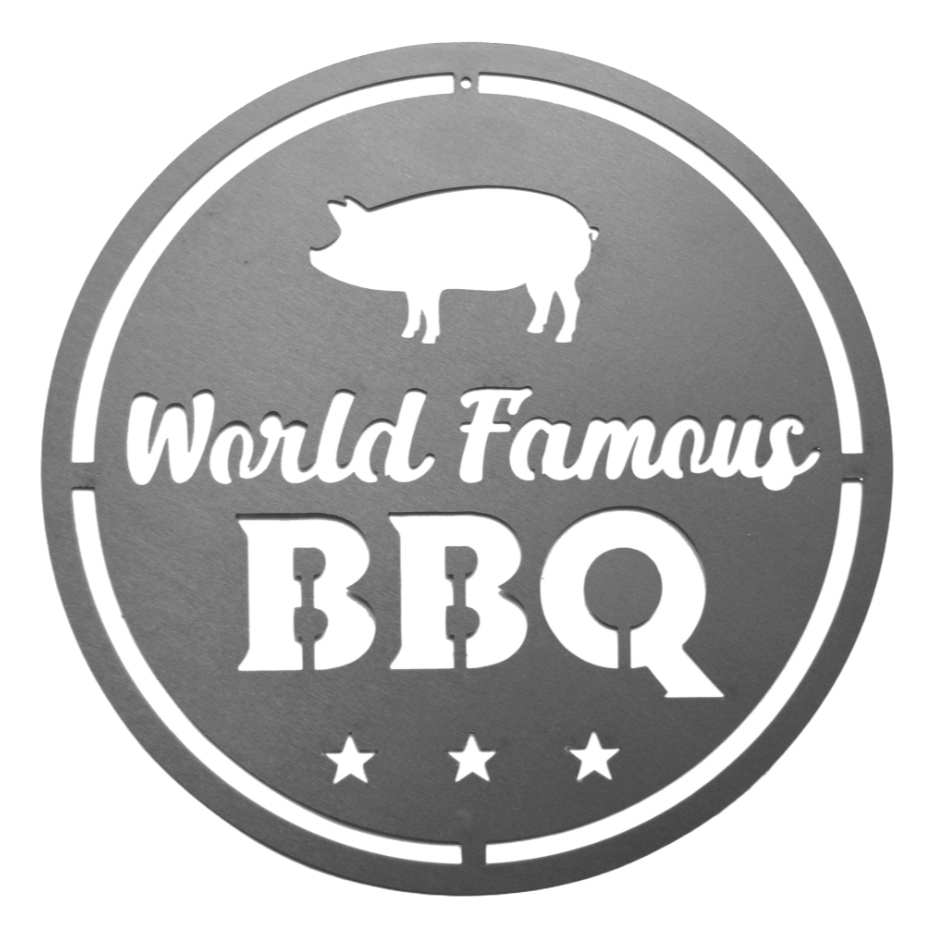 A round steel sign, 12 inches in diameter, features a pig silhouette, \“World Famous BBQ\“ text, and three stars.