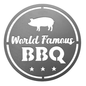 A round steel sign, 12 inches in diameter, features a pig silhouette, \“World Famous BBQ\“ text, and three stars.