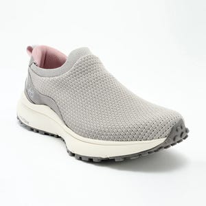 A gray slip-on casual sneaker with a white sole.