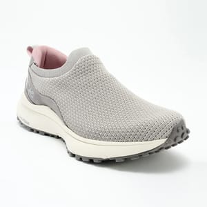 A gray slip-on casual sneaker with a white sole.