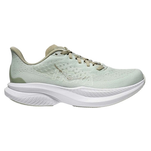 A light green Hoka running shoe with a cushioned sole, designed for comfort and performance.