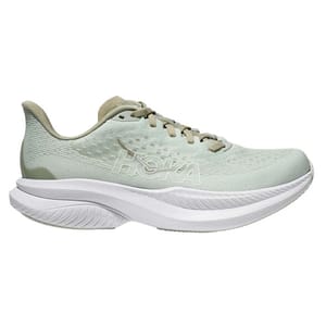 A light green Hoka running shoe with a cushioned sole, designed for comfort and performance.