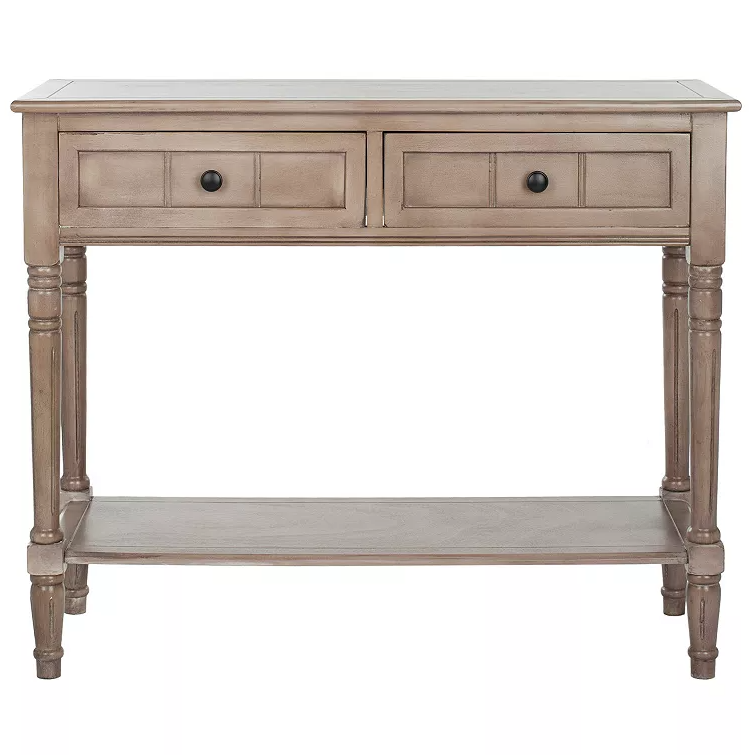 A wooden console table with two drawers and a lower shelf, featuring turned legs and metal knobs, in a distressed finish.