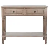 A wooden console table with two drawers and a lower shelf, featuring turned legs and metal knobs, in a distressed finish.