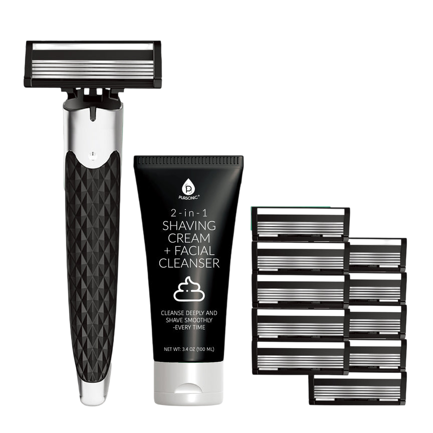 A razor with a textured handle, nine replacement blades, and a 3.4 oz tube of 2-in-1 shaving cream and facial cleanser are shown.