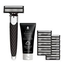 A razor with a textured handle, nine replacement blades, and a 3.4 oz tube of 2-in-1 shaving cream and facial cleanser are shown.