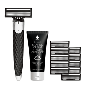 A razor with a textured handle, nine replacement blades, and a 3.4 oz tube of 2-in-1 shaving cream and facial cleanser are shown.