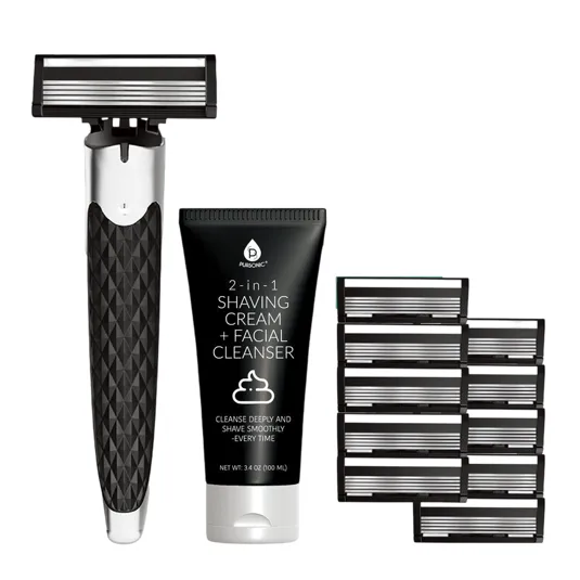 A razor with a textured handle, nine replacement blades, and a 3.4 oz tube of 2-in-1 shaving cream and facial cleanser are shown.