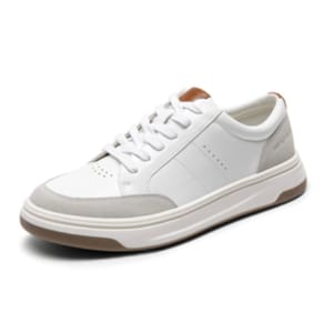 A white and gray sneaker with a thick sole, brown accent on the tongue, and perforated design details.