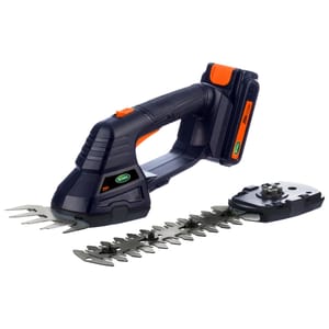 Cordless grass shear and shrubber with multiple blade attachments for lawn maintenance.