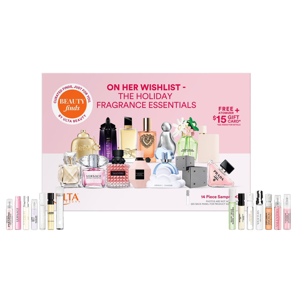 Ulta Beauty's \“On Her Wishlist\“ set features 14 fragrance samples from various designer brands, plus a $15 gift card and an atomizer.