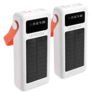 Two white solar-powered portable chargers with LETSCOM branding, featuring digital displays and orange straps.