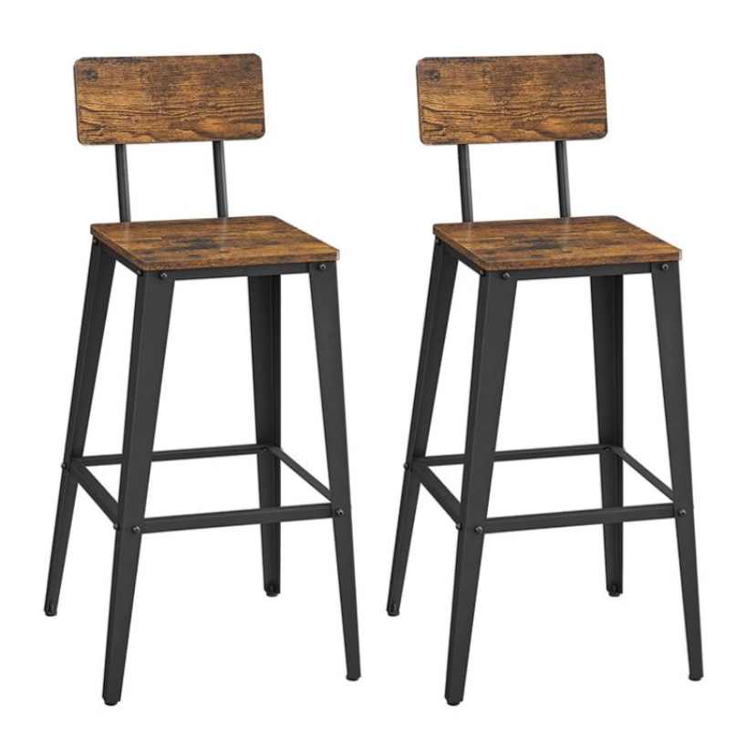 A pair of barstools with distressed wooden seats and backs, supported by black metal frames. They feature footrests and have a rustic industrial style.