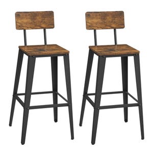A pair of barstools with distressed wooden seats and backs, supported by black metal frames. They feature footrests and have a rustic industrial style.
