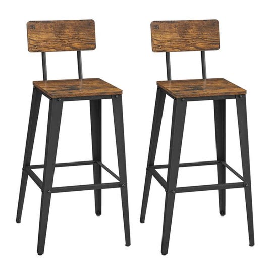 A pair of barstools with distressed wooden seats and backs, supported by black metal frames. They feature footrests and have a rustic industrial style.