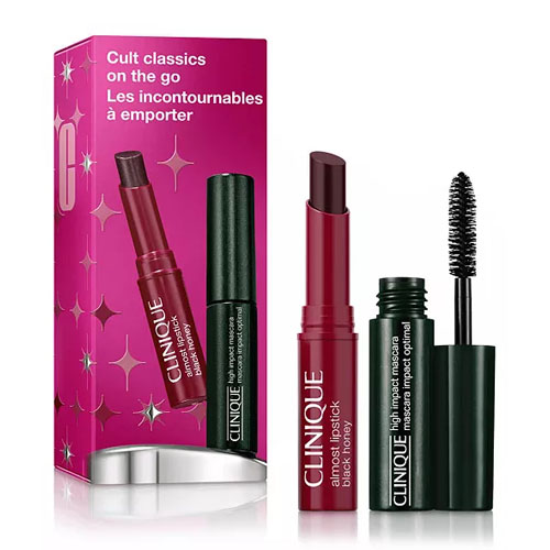 Clinique set featuring \“Almost Lipstick\“ in Black Honey and \“High Impact Mascara.\“ The packaging is pink with star accents and labeled \“Cult classics on the go.\“