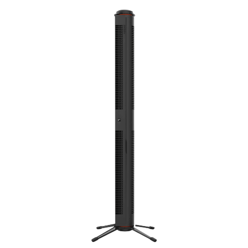 A tall, sleek black tower fan with a cylindrical design, featuring vertical ventilation slats and a sturdy, tripod-like base.