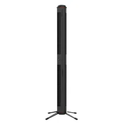 A tall, sleek black tower fan with a cylindrical design, featuring vertical ventilation slats and a sturdy, tripod-like base.