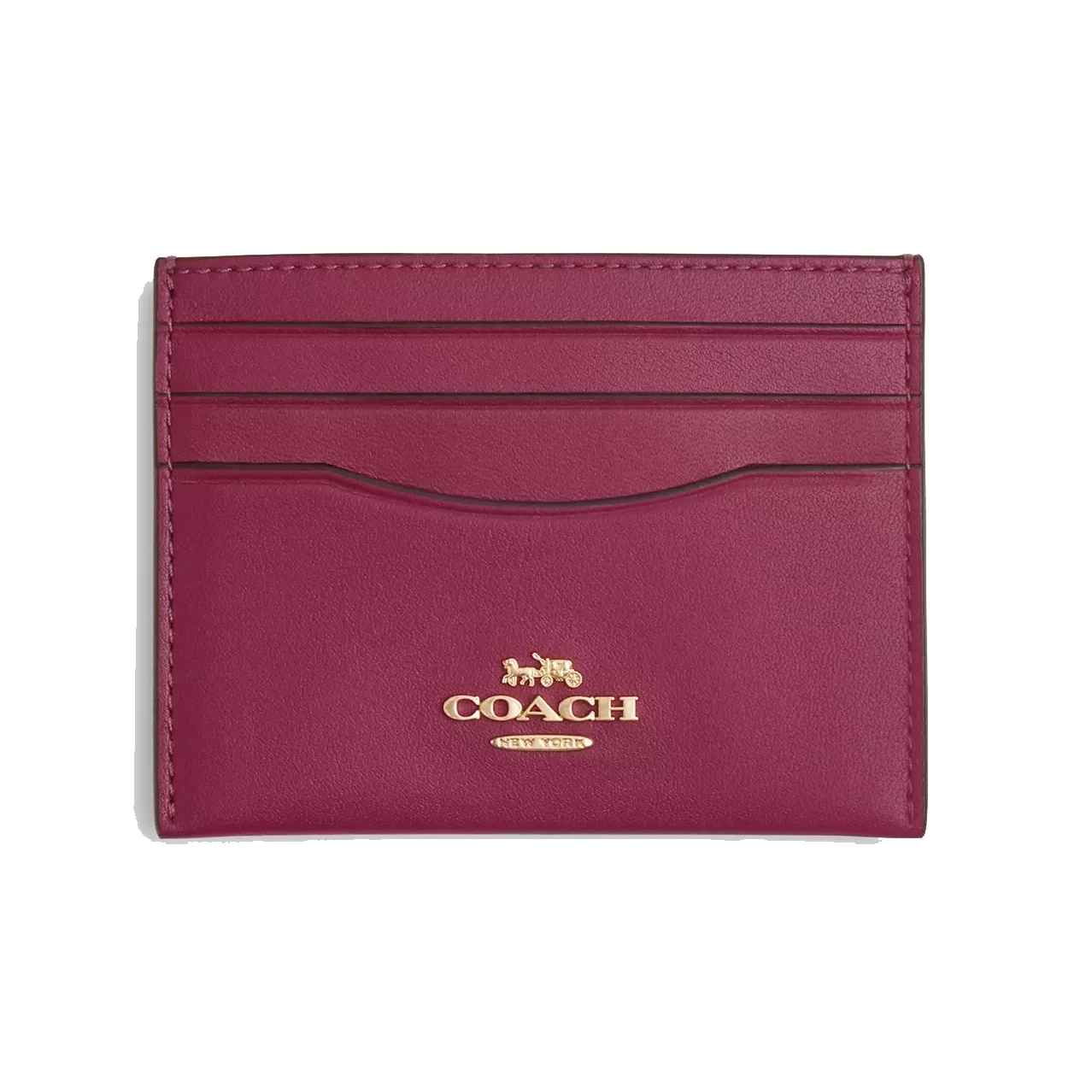 A compact card case in dark pink leather with the Coach New York logo in gold on the front, featuring multiple card slots for organization.