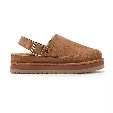 Brown suede platform clogs with a chunky sole and a buckle strap across the top.