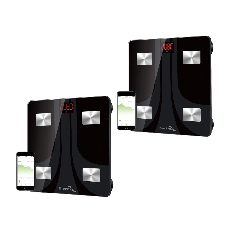 Two black digital bathroom scales with LED displays and four metallic sensors each, featuring smartphone connectivity for tracking weight and health metrics.