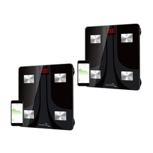 Two black digital bathroom scales with LED displays and four metallic sensors each, featuring smartphone connectivity for tracking weight and health metrics.
