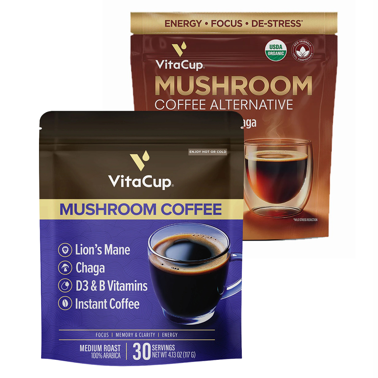 VitaCup Mushroom Coffee is shown with ingredients like Lion's Mane, Chaga, and D3 & B vitamins, labeled as a medium roast and 100% Arabica. It includes 30 servings. Another pack features a mushroom coffee alternative with Reishi and Ashwagandha, marked USDA organic.