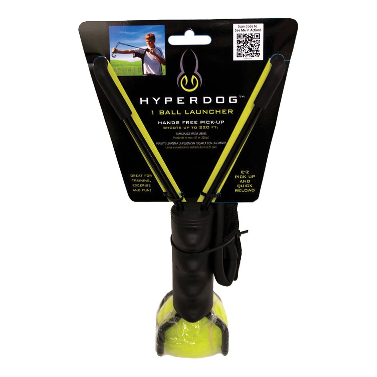 HyperDog ball launcher with hands-free pickup, designed to shoot balls up to 220 ft for dog exercise and training; includes one tennis ball.