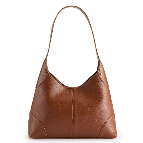 A brown leather shoulder bag with a minimalist design featuring a single strap and subtle gold accents.