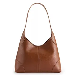 A brown leather shoulder bag with a minimalist design featuring a single strap and subtle gold accents.