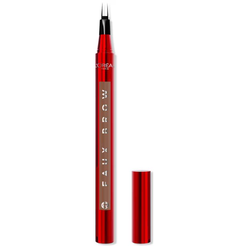 L'Oréal Paris Faux Brow Filling Pen is a red metallic eyebrow pen designed for precise application, featuring a dual-tip for defining and filling brows.