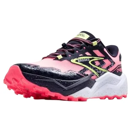 A trail running shoe featuring a pink upper with black and yellow accents, a white midsole, and a bright pink, rugged outsole designed for traction.