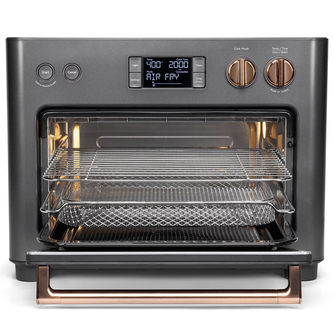 Compact countertop oven with digital controls, featuring air fry mode, adjustable temperature, and time settings, includes wire racks, a basket, and a baking pan for versatile cooking.