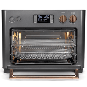 Compact countertop oven with digital controls, featuring air fry mode, adjustable temperature, and time settings, includes wire racks, a basket, and a baking pan for versatile cooking.