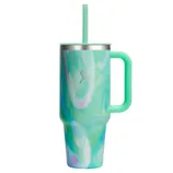 A mint green Hydro Flask tumbler with a swirling pattern, featuring a handle and a straw, designed for keeping drinks insulated.