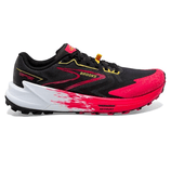 A Brooks running shoe with a black upper, bright pink accents, and a white and pink midsole, featuring the brand's logo and \“Skyvault\“ text.