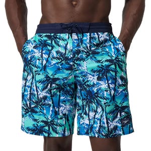 Men's swim trunks with a drawstring waist and side pockets, featuring a blue and green palm tree print.