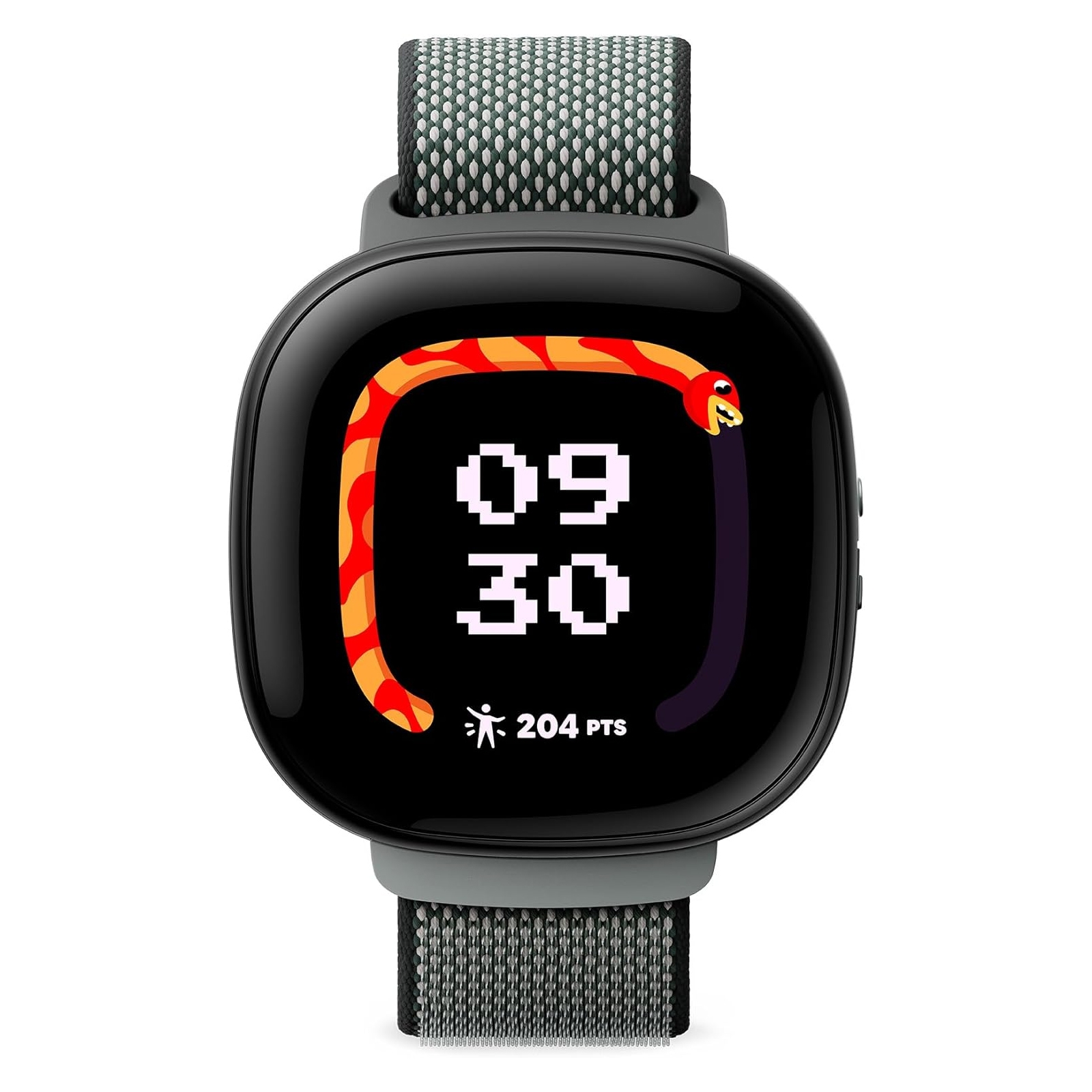 A smartwatch with a large screen displays the time, 09:30, and features a digital snake graphic around the numbers. The watch is equipped with a fabric strap in green and black.