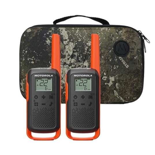 Two Motorola walkie-talkies with orange accents are displayed in front of a camouflage-patterned carrying case.