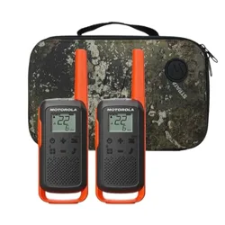 Two Motorola walkie-talkies with orange accents are displayed in front of a camouflage-patterned carrying case.