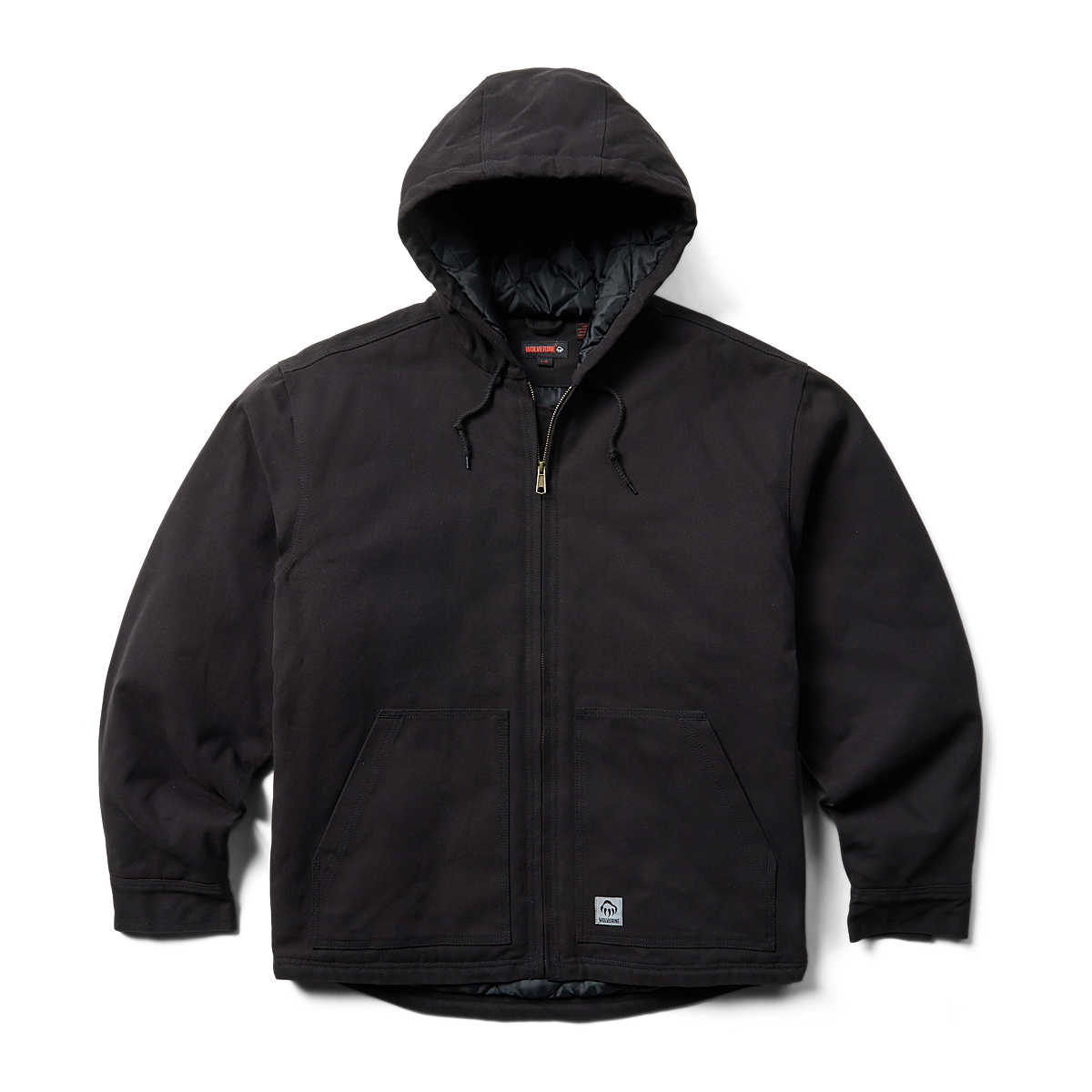 Black insulated canvas jacket with a zippered front, a hood, and visible brand patch on the lower left side.