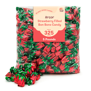 Arcor Strawberry Filled Bon Bons Candy, approximately 325 pieces, weighing 5 pounds, in strawberry-themed wrapping.
