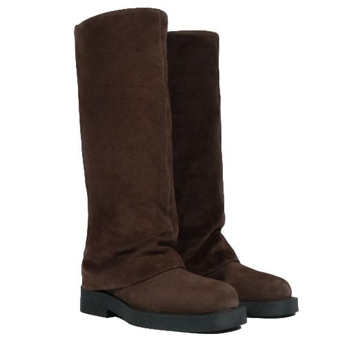 Brown, knee-high boots with a soft, slouchy design and black rubber soles.