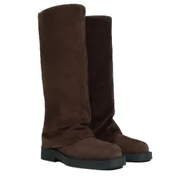 Brown, knee-high boots with a soft, slouchy design and black rubber soles.
