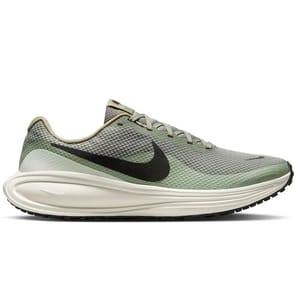 Nike running shoe in shades of green with black swoosh and a white sole.